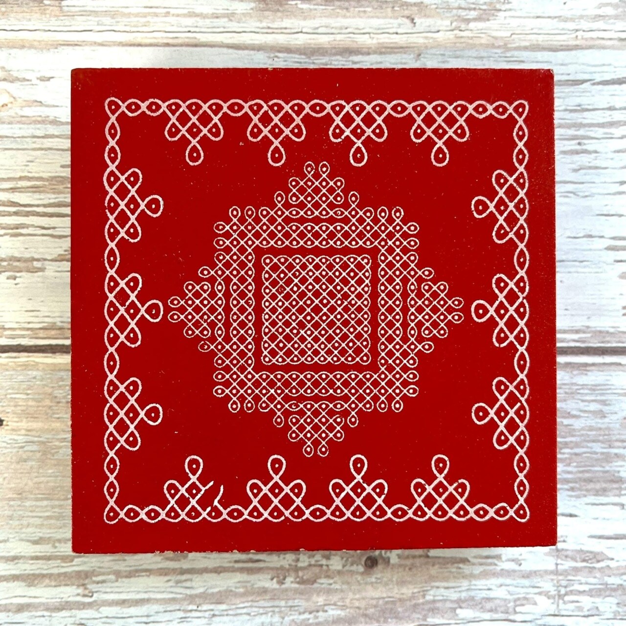 4x4 Inch Wooden Puja Chowki Handcrafted Floral Printed Traditional Chaurang Chowki for God Idols Kalash - Festive Decor for Pooja Home Temple Mandir - Diwali Housewarming Gift